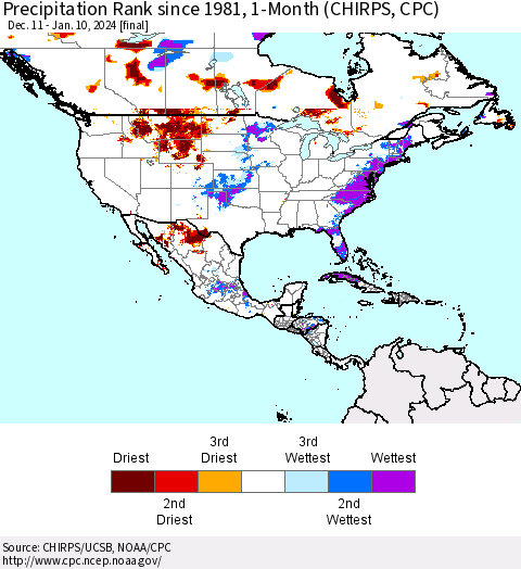 North America Precipitation Rank since 1981, 1-Month (CHIRPS) Thematic Map For 12/11/2023 - 1/10/2024