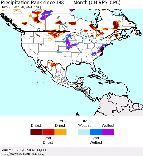 North America Precipitation Rank since 1981, 1-Month (CHIRPS) Thematic Map For 12/21/2023 - 1/20/2024