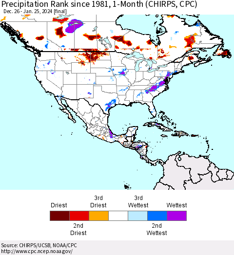 North America Precipitation Rank since 1981, 1-Month (CHIRPS) Thematic Map For 12/26/2023 - 1/25/2024