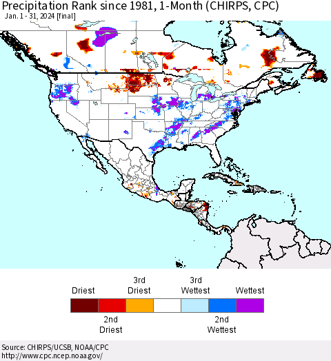 North America Precipitation Rank since 1981, 1-Month (CHIRPS) Thematic Map For 1/1/2024 - 1/31/2024