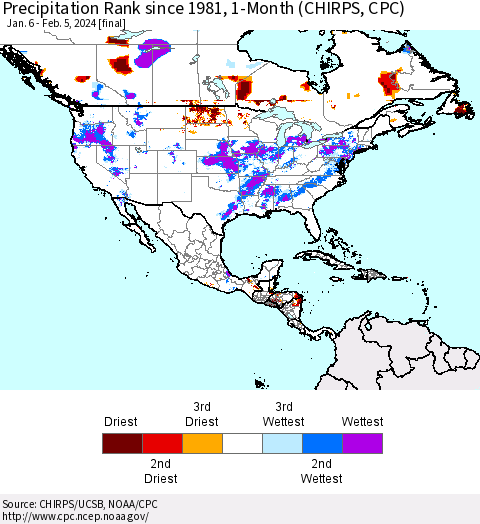 North America Precipitation Rank since 1981, 1-Month (CHIRPS) Thematic Map For 1/6/2024 - 2/5/2024