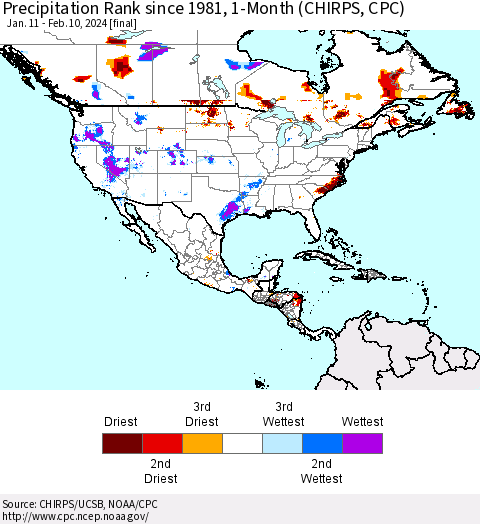 North America Precipitation Rank since 1981, 1-Month (CHIRPS) Thematic Map For 1/11/2024 - 2/10/2024