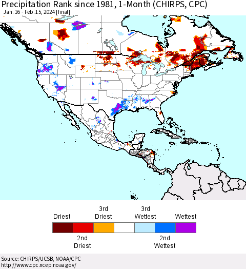 North America Precipitation Rank since 1981, 1-Month (CHIRPS) Thematic Map For 1/16/2024 - 2/15/2024