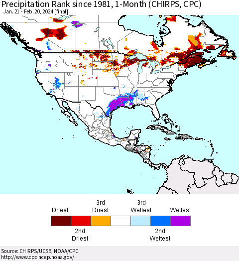 North America Precipitation Rank since 1981, 1-Month (CHIRPS) Thematic Map For 1/21/2024 - 2/20/2024