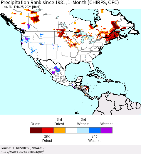 North America Precipitation Rank since 1981, 1-Month (CHIRPS) Thematic Map For 1/26/2024 - 2/25/2024