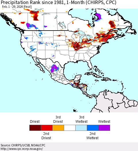 North America Precipitation Rank since 1981, 1-Month (CHIRPS) Thematic Map For 2/1/2024 - 2/29/2024