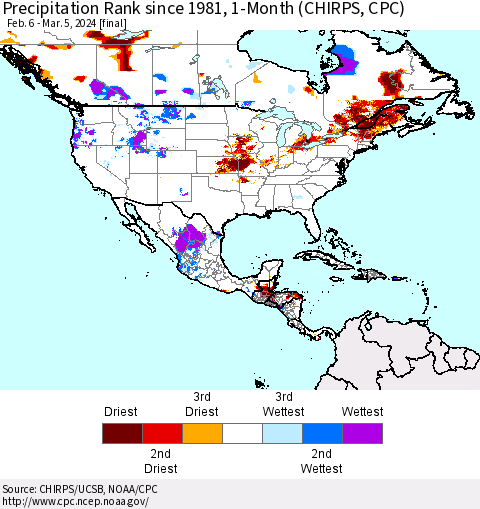 North America Precipitation Rank since 1981, 1-Month (CHIRPS) Thematic Map For 2/6/2024 - 3/5/2024