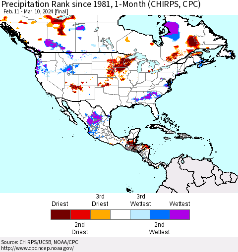 North America Precipitation Rank since 1981, 1-Month (CHIRPS) Thematic Map For 2/11/2024 - 3/10/2024