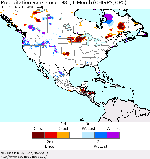 North America Precipitation Rank since 1981, 1-Month (CHIRPS) Thematic Map For 2/16/2024 - 3/15/2024