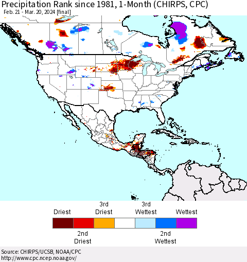 North America Precipitation Rank since 1981, 1-Month (CHIRPS) Thematic Map For 2/21/2024 - 3/20/2024