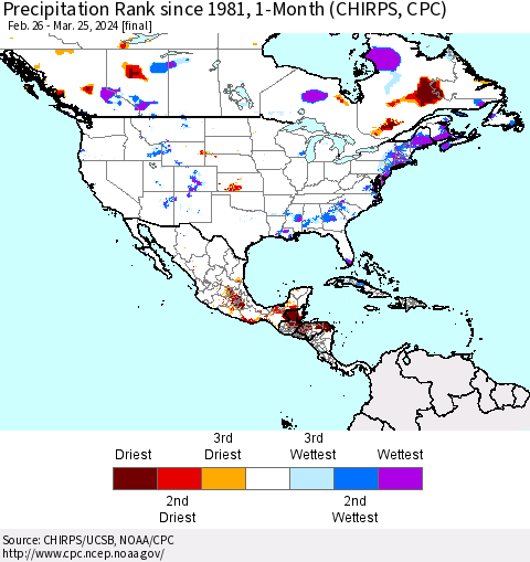 North America Precipitation Rank since 1981, 1-Month (CHIRPS) Thematic Map For 2/26/2024 - 3/25/2024