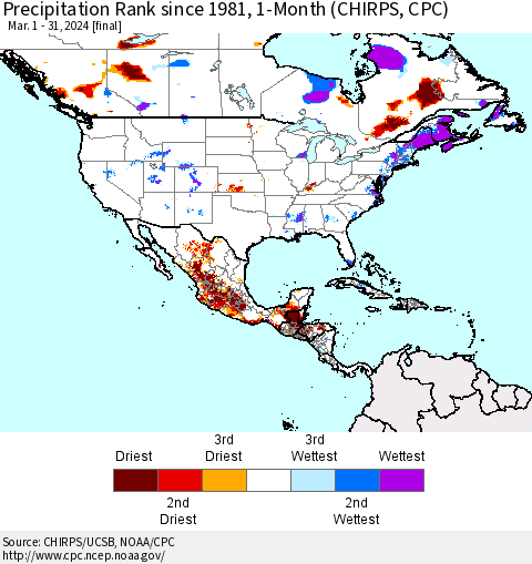 North America Precipitation Rank since 1981, 1-Month (CHIRPS) Thematic Map For 3/1/2024 - 3/31/2024