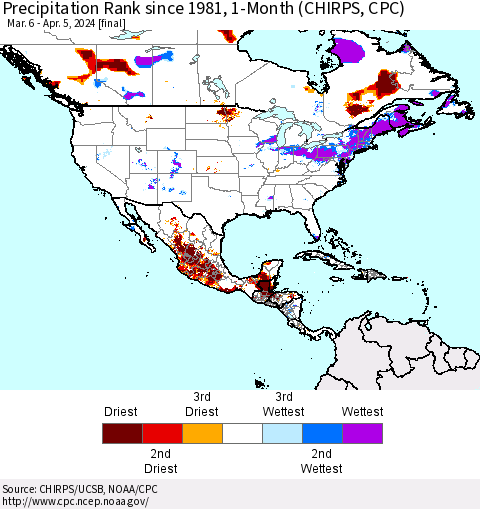 North America Precipitation Rank since 1981, 1-Month (CHIRPS) Thematic Map For 3/6/2024 - 4/5/2024
