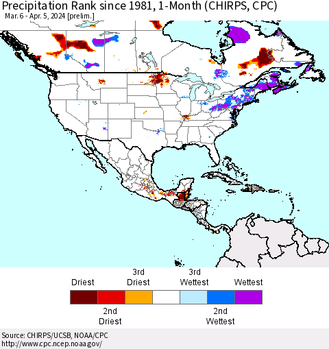 North America Precipitation Rank since 1981, 1-Month (CHIRPS) Thematic Map For 3/6/2024 - 4/5/2024