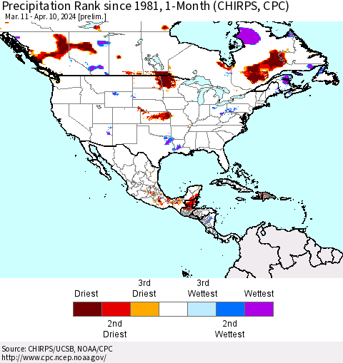 North America Precipitation Rank since 1981, 1-Month (CHIRPS) Thematic Map For 3/11/2024 - 4/10/2024