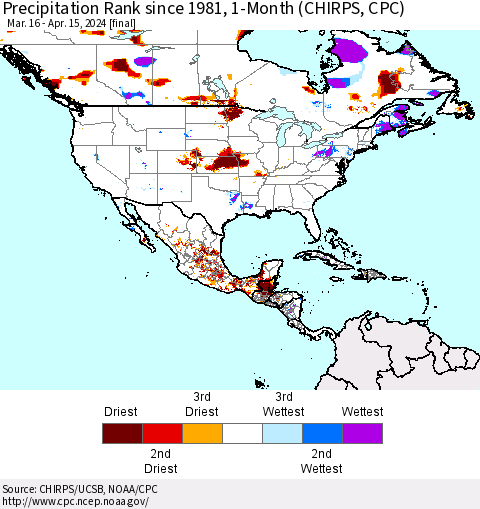 North America Precipitation Rank since 1981, 1-Month (CHIRPS) Thematic Map For 3/16/2024 - 4/15/2024