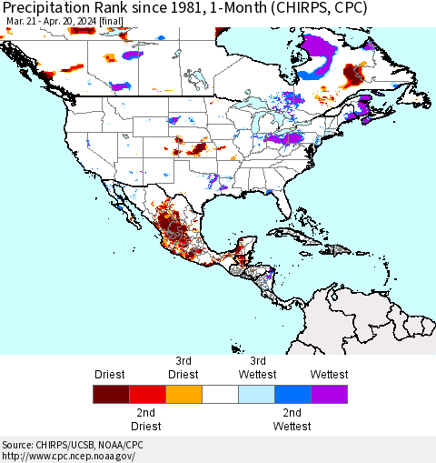 North America Precipitation Rank since 1981, 1-Month (CHIRPS) Thematic Map For 3/21/2024 - 4/20/2024