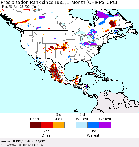 North America Precipitation Rank since 1981, 1-Month (CHIRPS) Thematic Map For 3/26/2024 - 4/25/2024