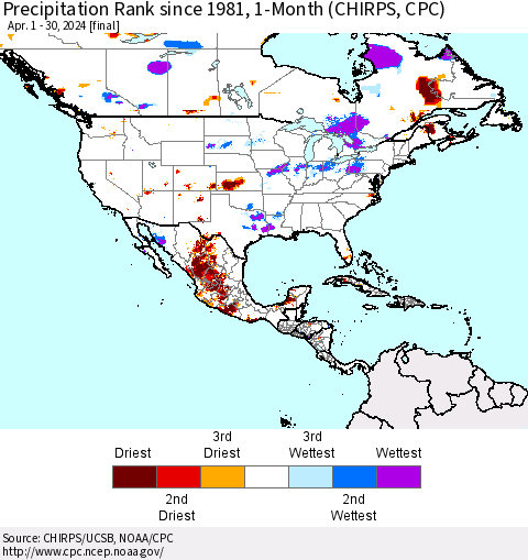 North America Precipitation Rank since 1981, 1-Month (CHIRPS) Thematic Map For 4/1/2024 - 4/30/2024