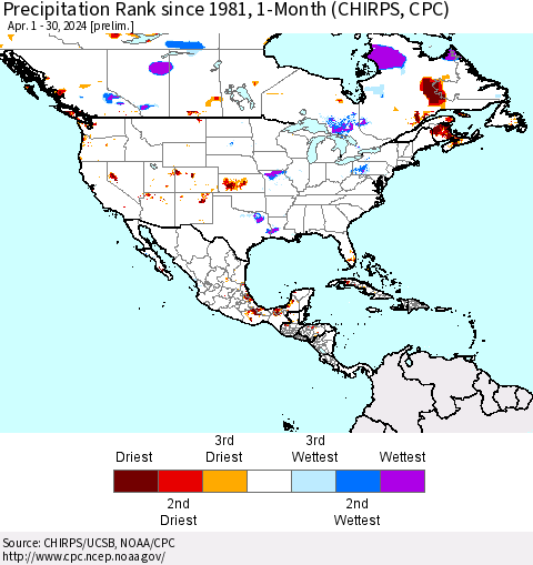 North America Precipitation Rank since 1981, 1-Month (CHIRPS) Thematic Map For 4/1/2024 - 4/30/2024