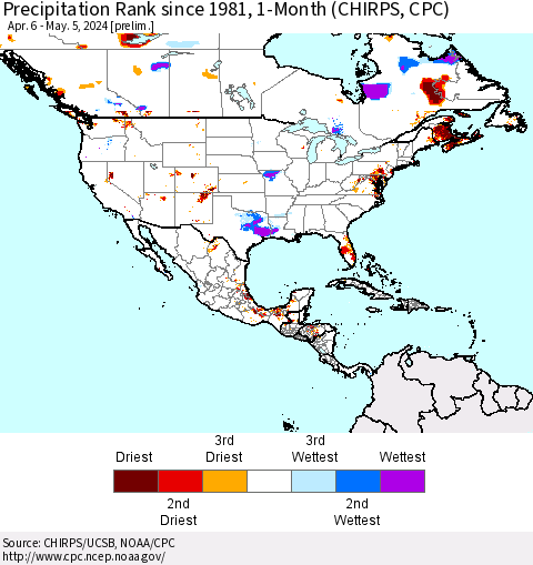 North America Precipitation Rank since 1981, 1-Month (CHIRPS) Thematic Map For 4/6/2024 - 5/5/2024
