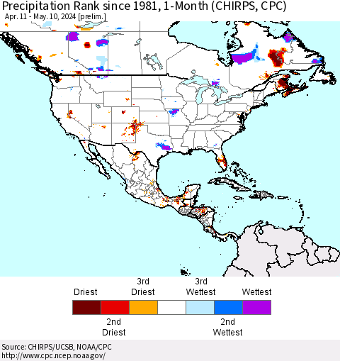 North America Precipitation Rank since 1981, 1-Month (CHIRPS) Thematic Map For 4/11/2024 - 5/10/2024