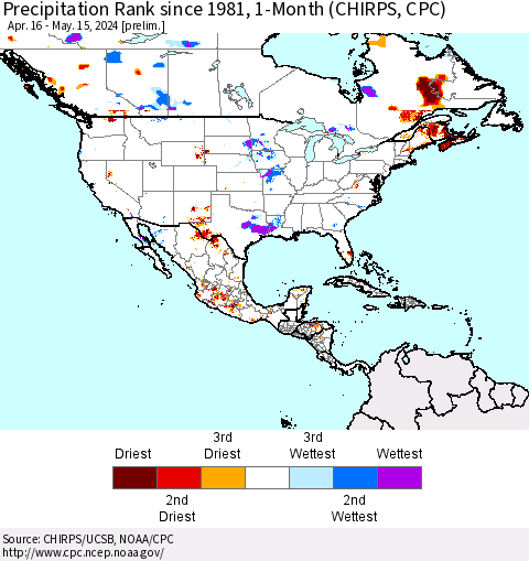 North America Precipitation Rank since 1981, 1-Month (CHIRPS) Thematic Map For 4/16/2024 - 5/15/2024