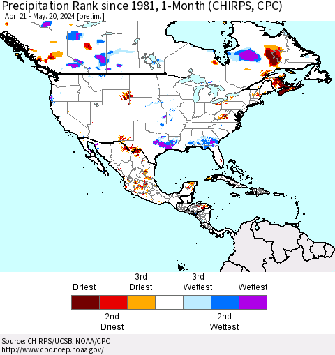 North America Precipitation Rank since 1981, 1-Month (CHIRPS) Thematic Map For 4/21/2024 - 5/20/2024