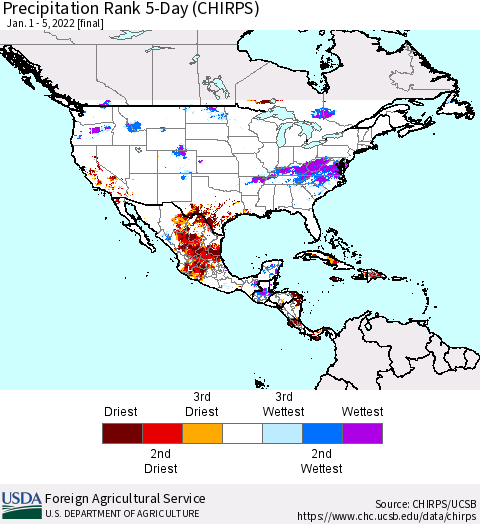 North America Precipitation Rank since 1981, 5-Day (CHIRPS) Thematic Map For 1/1/2022 - 1/5/2022