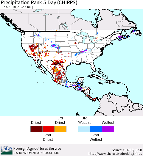 North America Precipitation Rank since 1981, 5-Day (CHIRPS) Thematic Map For 1/6/2022 - 1/10/2022