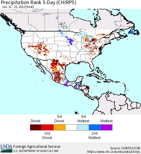 North America Precipitation Rank since 1981, 5-Day (CHIRPS) Thematic Map For 1/11/2022 - 1/15/2022