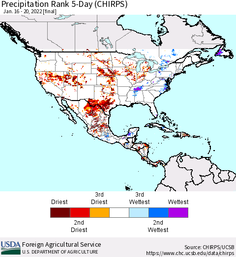 North America Precipitation Rank since 1981, 5-Day (CHIRPS) Thematic Map For 1/16/2022 - 1/20/2022