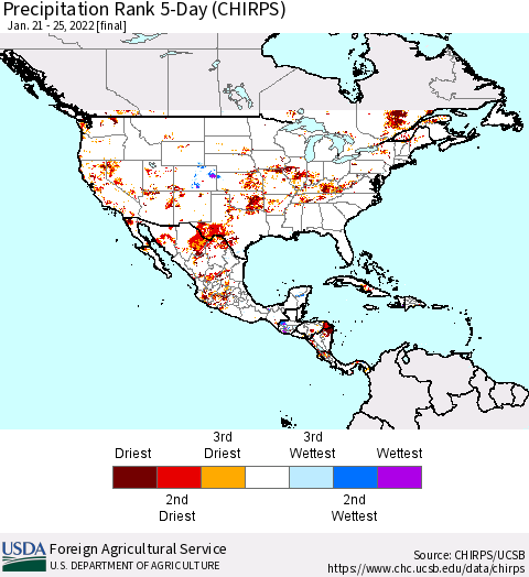 North America Precipitation Rank since 1981, 5-Day (CHIRPS) Thematic Map For 1/21/2022 - 1/25/2022