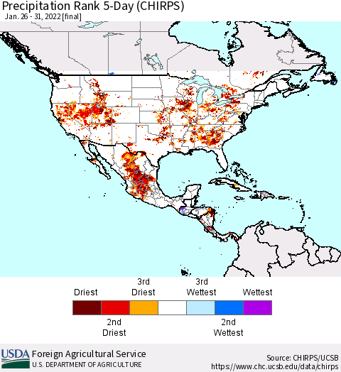 North America Precipitation Rank since 1981, 5-Day (CHIRPS) Thematic Map For 1/26/2022 - 1/31/2022