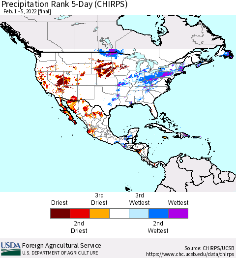 North America Precipitation Rank since 1981, 5-Day (CHIRPS) Thematic Map For 2/1/2022 - 2/5/2022