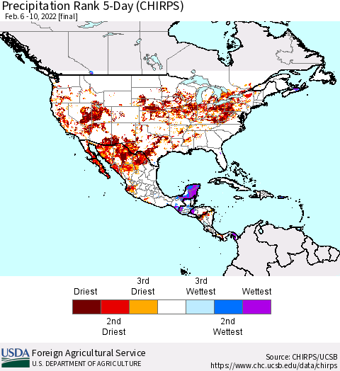 North America Precipitation Rank since 1981, 5-Day (CHIRPS) Thematic Map For 2/6/2022 - 2/10/2022
