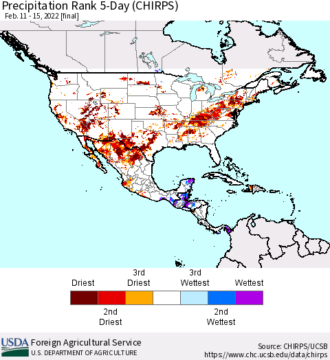 North America Precipitation Rank since 1981, 5-Day (CHIRPS) Thematic Map For 2/11/2022 - 2/15/2022