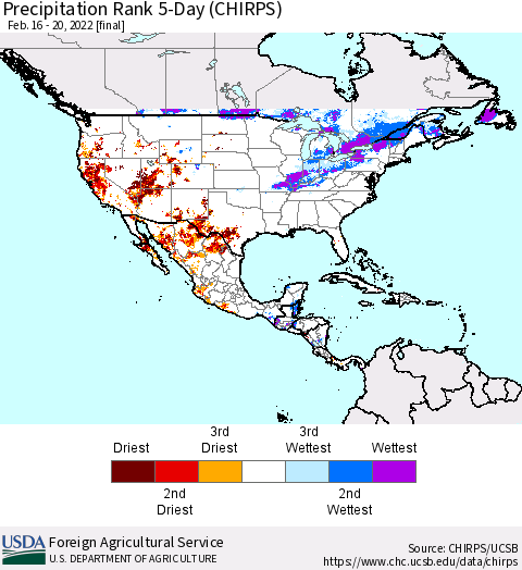 North America Precipitation Rank since 1981, 5-Day (CHIRPS) Thematic Map For 2/16/2022 - 2/20/2022