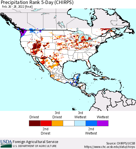 North America Precipitation Rank since 1981, 5-Day (CHIRPS) Thematic Map For 2/26/2022 - 2/28/2022