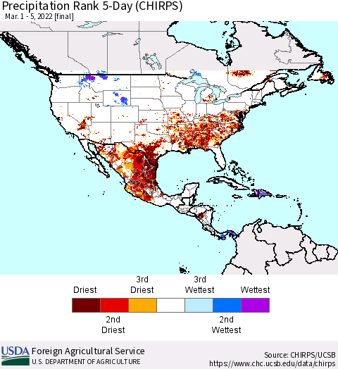 North America Precipitation Rank since 1981, 5-Day (CHIRPS) Thematic Map For 3/1/2022 - 3/5/2022