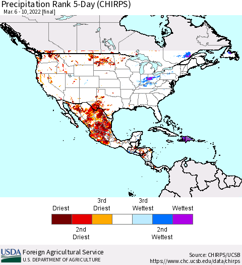 North America Precipitation Rank since 1981, 5-Day (CHIRPS) Thematic Map For 3/6/2022 - 3/10/2022