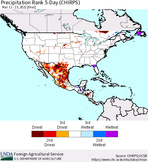 North America Precipitation Rank since 1981, 5-Day (CHIRPS) Thematic Map For 3/11/2022 - 3/15/2022