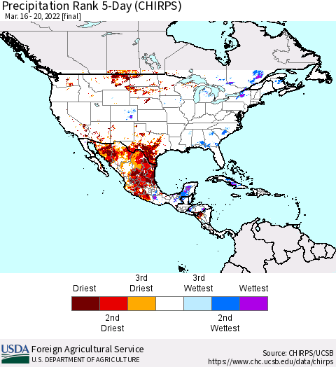 North America Precipitation Rank since 1981, 5-Day (CHIRPS) Thematic Map For 3/16/2022 - 3/20/2022