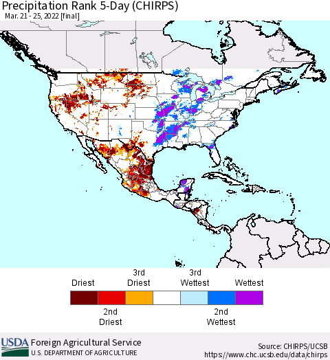 North America Precipitation Rank since 1981, 5-Day (CHIRPS) Thematic Map For 3/21/2022 - 3/25/2022