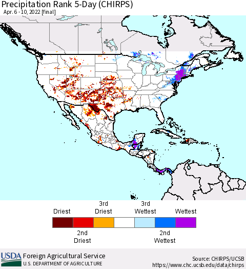 North America Precipitation Rank since 1981, 5-Day (CHIRPS) Thematic Map For 4/6/2022 - 4/10/2022