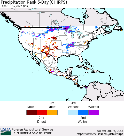 North America Precipitation Rank since 1981, 5-Day (CHIRPS) Thematic Map For 4/11/2022 - 4/15/2022