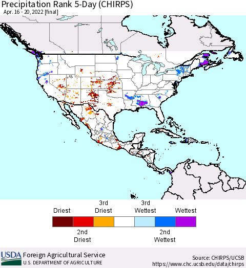 North America Precipitation Rank since 1981, 5-Day (CHIRPS) Thematic Map For 4/16/2022 - 4/20/2022