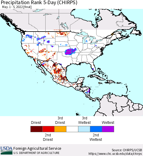 North America Precipitation Rank since 1981, 5-Day (CHIRPS) Thematic Map For 5/1/2022 - 5/5/2022