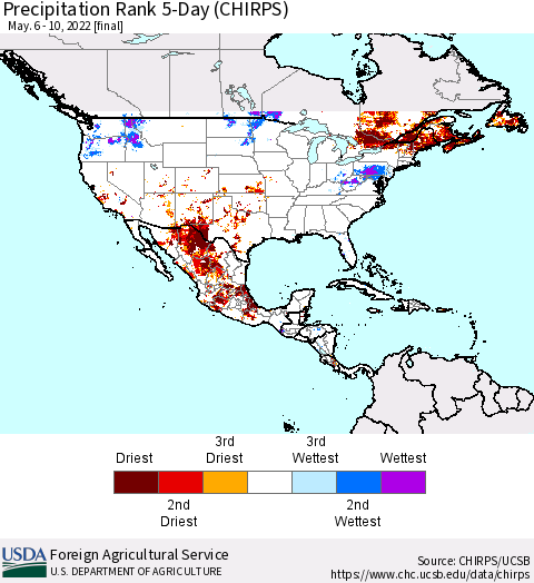 North America Precipitation Rank since 1981, 5-Day (CHIRPS) Thematic Map For 5/6/2022 - 5/10/2022