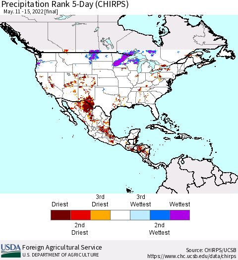 North America Precipitation Rank since 1981, 5-Day (CHIRPS) Thematic Map For 5/11/2022 - 5/15/2022